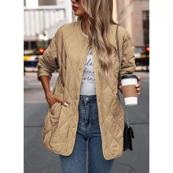 imagePRETTYGARDEN Womens Fall Fashion 2023 Quilted Bomber Jacket Casual Oversized Button Down Coat OuterwearKhaki