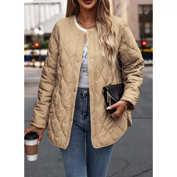 imagePRETTYGARDEN Womens Fall Fashion 2023 Quilted Bomber Jacket Casual Oversized Button Down Coat OuterwearKhaki
