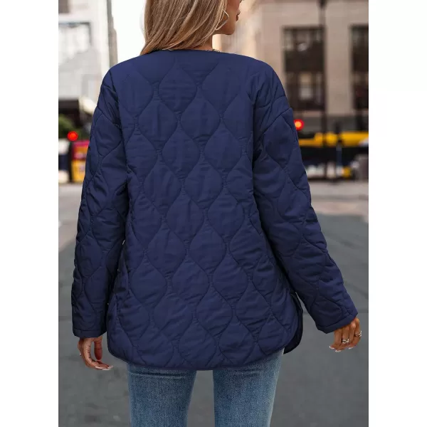 imagePRETTYGARDEN Womens Fall Fashion 2023 Quilted Bomber Jacket Casual Oversized Button Down Coat OuterwearNavy