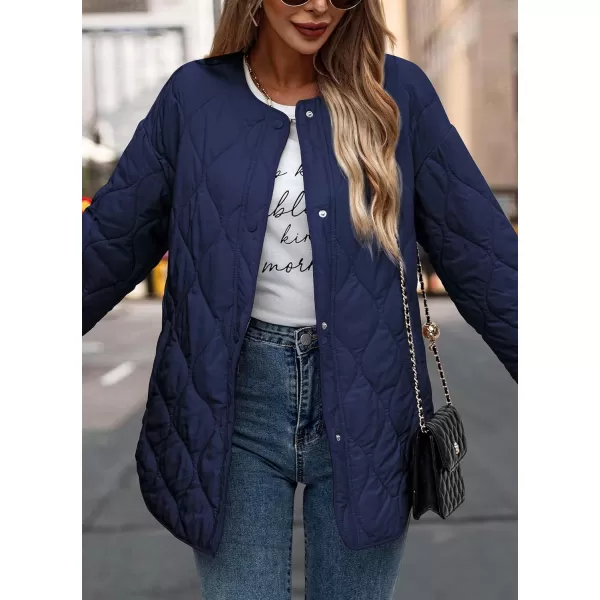 imagePRETTYGARDEN Womens Fall Fashion 2023 Quilted Bomber Jacket Casual Oversized Button Down Coat OuterwearNavy