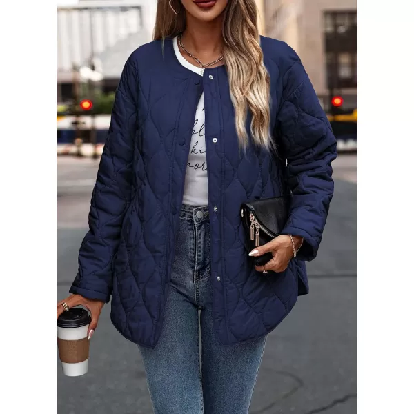 imagePRETTYGARDEN Womens Fall Fashion 2023 Quilted Bomber Jacket Casual Oversized Button Down Coat OuterwearNavy