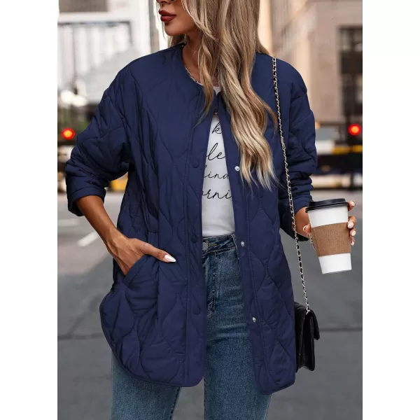 imagePRETTYGARDEN Womens Fall Fashion 2023 Quilted Bomber Jacket Casual Oversized Button Down Coat OuterwearNavy