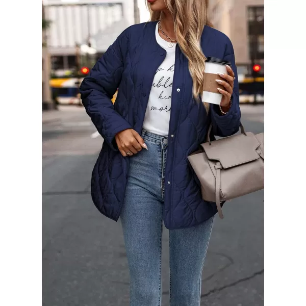 imagePRETTYGARDEN Womens Fall Fashion 2023 Quilted Bomber Jacket Casual Oversized Button Down Coat OuterwearNavy