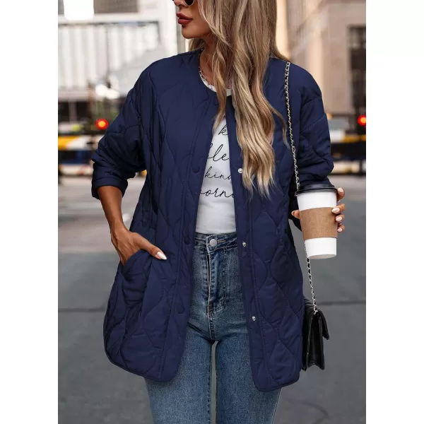 imagePRETTYGARDEN Womens Fall Fashion 2023 Quilted Bomber Jacket Casual Oversized Button Down Coat OuterwearNavy