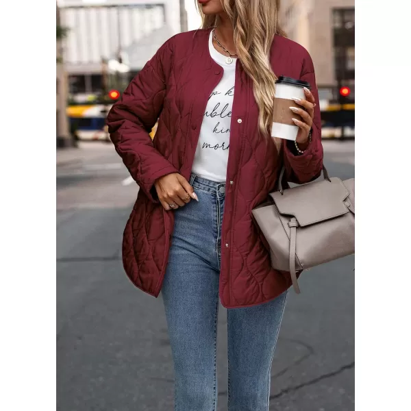 imagePRETTYGARDEN Womens Fall Fashion 2023 Quilted Bomber Jacket Casual Oversized Button Down Coat OuterwearWine Red