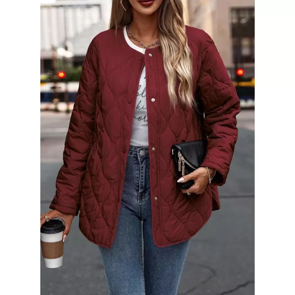 imagePRETTYGARDEN Womens Fall Fashion 2023 Quilted Bomber Jacket Casual Oversized Button Down Coat OuterwearWine Red