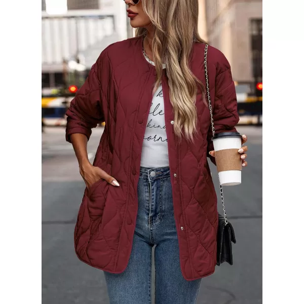 imagePRETTYGARDEN Womens Fall Fashion 2023 Quilted Bomber Jacket Casual Oversized Button Down Coat OuterwearWine Red