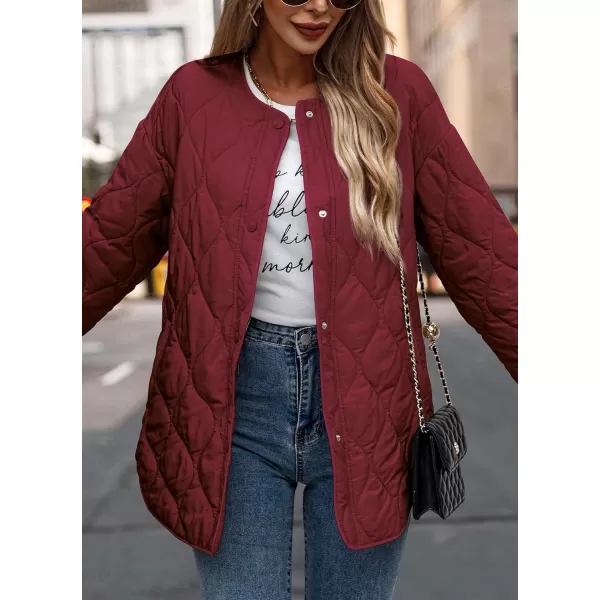 imagePRETTYGARDEN Womens Fall Fashion 2023 Quilted Bomber Jacket Casual Oversized Button Down Coat OuterwearWine Red