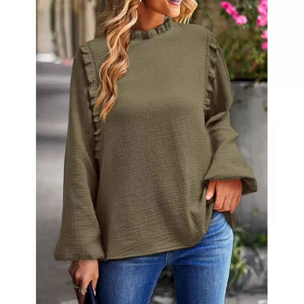 imagePRETTYGARDEN Womens Fall Fashion Blouse Dressy Casual Long Sleeve Crewneck Ruffle Loose Pullover Tops ShirtArmy Green