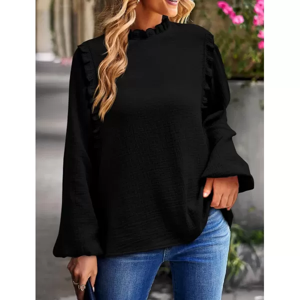 imagePRETTYGARDEN Womens Fall Fashion Blouse Dressy Casual Long Sleeve Crewneck Ruffle Loose Pullover Tops ShirtBlack