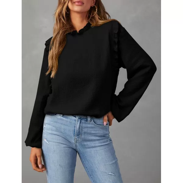 imagePRETTYGARDEN Womens Fall Fashion Blouse Dressy Casual Long Sleeve Crewneck Ruffle Loose Pullover Tops ShirtBlack