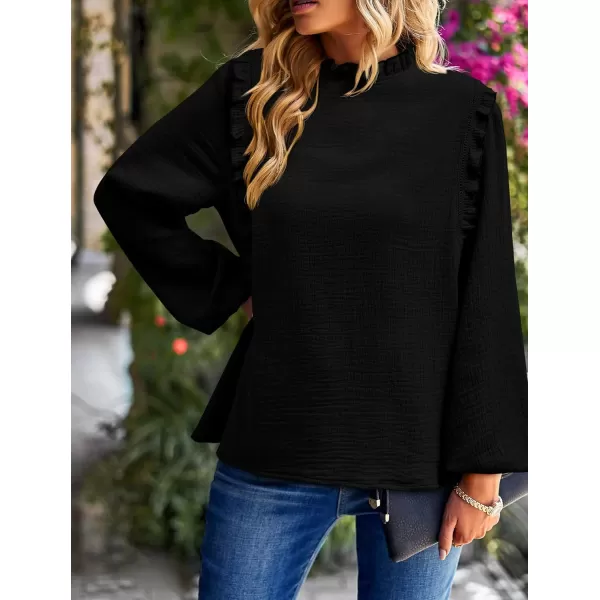 imagePRETTYGARDEN Womens Fall Fashion Blouse Dressy Casual Long Sleeve Crewneck Ruffle Loose Pullover Tops ShirtBlack