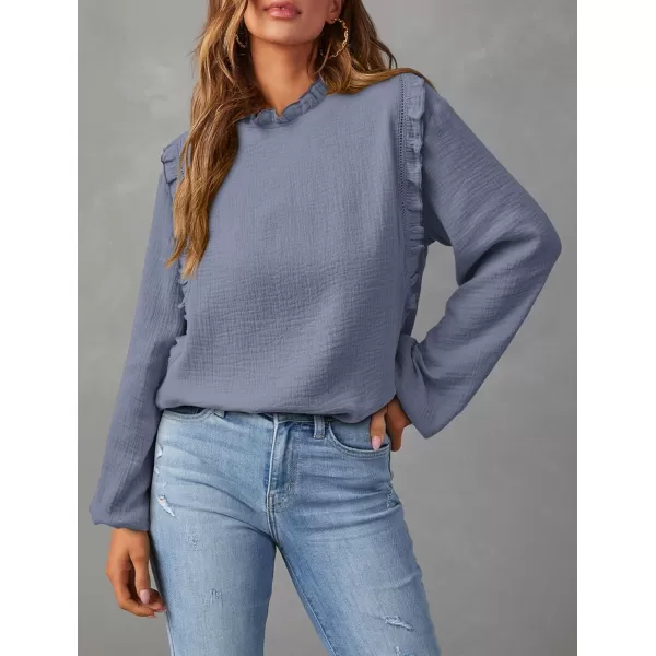 imagePRETTYGARDEN Womens Fall Fashion Blouse Dressy Casual Long Sleeve Crewneck Ruffle Loose Pullover Tops ShirtGrey Blue