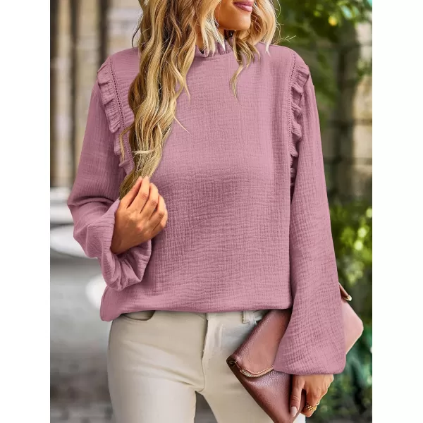 imagePRETTYGARDEN Womens Fall Fashion Blouse Dressy Casual Long Sleeve Crewneck Ruffle Loose Pullover Tops ShirtGrey Pink