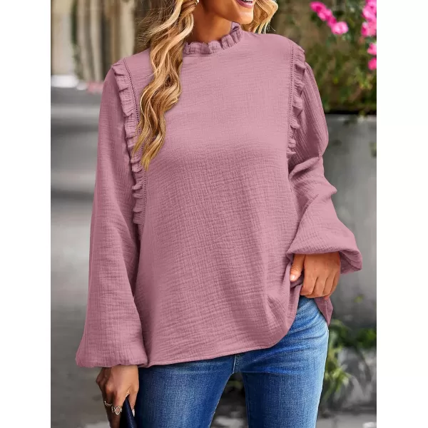 imagePRETTYGARDEN Womens Fall Fashion Blouse Dressy Casual Long Sleeve Crewneck Ruffle Loose Pullover Tops ShirtGrey Pink