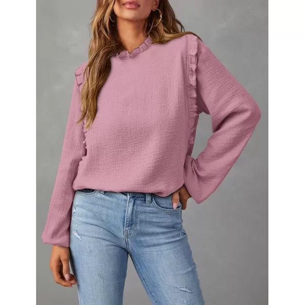 imagePRETTYGARDEN Womens Fall Fashion Blouse Dressy Casual Long Sleeve Crewneck Ruffle Loose Pullover Tops ShirtGrey Pink