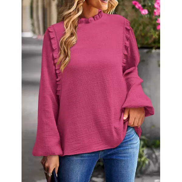 imagePRETTYGARDEN Womens Fall Fashion Blouse Dressy Casual Long Sleeve Crewneck Ruffle Loose Pullover Tops ShirtRose Red