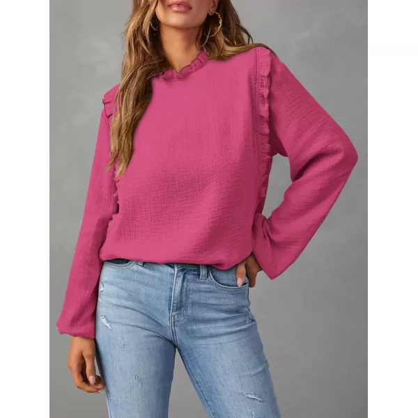 imagePRETTYGARDEN Womens Fall Fashion Blouse Dressy Casual Long Sleeve Crewneck Ruffle Loose Pullover Tops ShirtRose Red