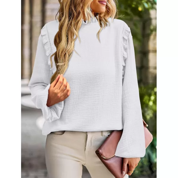 imagePRETTYGARDEN Womens Fall Fashion Blouse Dressy Casual Long Sleeve Crewneck Ruffle Loose Pullover Tops ShirtWhite