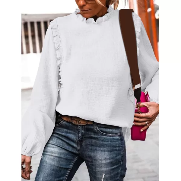 imagePRETTYGARDEN Womens Fall Fashion Blouse Dressy Casual Long Sleeve Crewneck Ruffle Loose Pullover Tops ShirtWhite