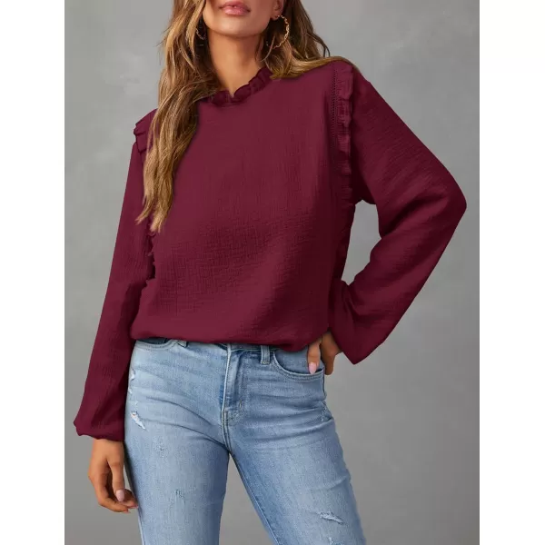 imagePRETTYGARDEN Womens Fall Fashion Blouse Dressy Casual Long Sleeve Crewneck Ruffle Loose Pullover Tops ShirtWine Red