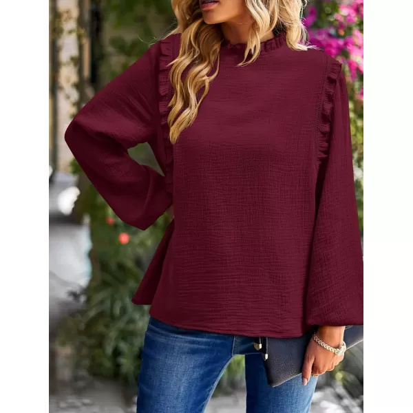 imagePRETTYGARDEN Womens Fall Fashion Blouse Dressy Casual Long Sleeve Crewneck Ruffle Loose Pullover Tops ShirtWine Red