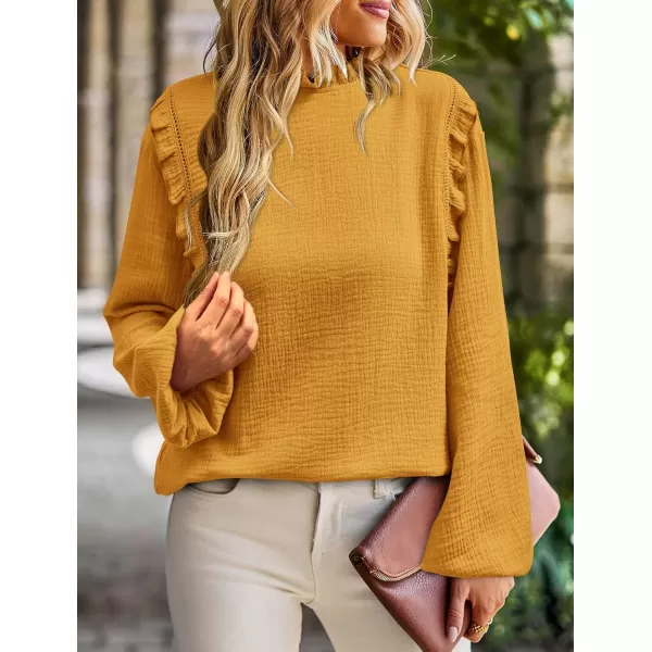imagePRETTYGARDEN Womens Fall Fashion Blouse Dressy Casual Long Sleeve Crewneck Ruffle Loose Pullover Tops ShirtYellow