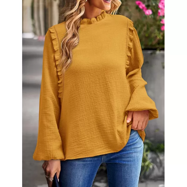 imagePRETTYGARDEN Womens Fall Fashion Blouse Dressy Casual Long Sleeve Crewneck Ruffle Loose Pullover Tops ShirtYellow