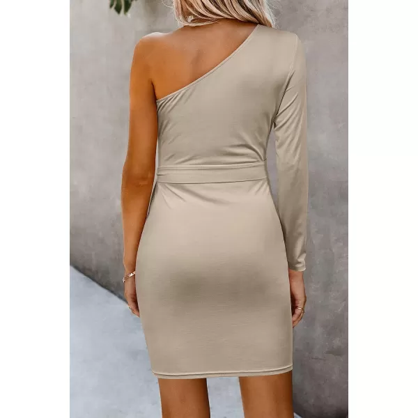 imagePRETTYGARDEN Womens Fall Fashion One Shoulder Long Sleeve Bodycon Dresses Ruched Irregular Hem Mini DressLong Sleeve Beige Apricot