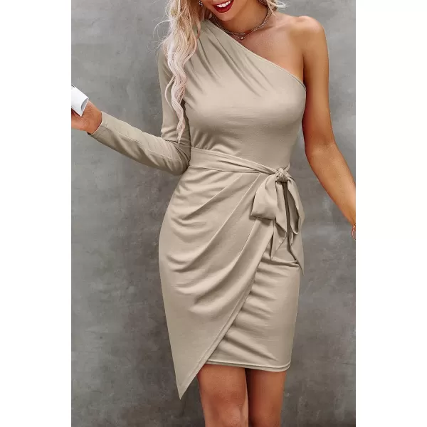 imagePRETTYGARDEN Womens Fall Fashion One Shoulder Long Sleeve Bodycon Dresses Ruched Irregular Hem Mini DressLong Sleeve Beige Apricot