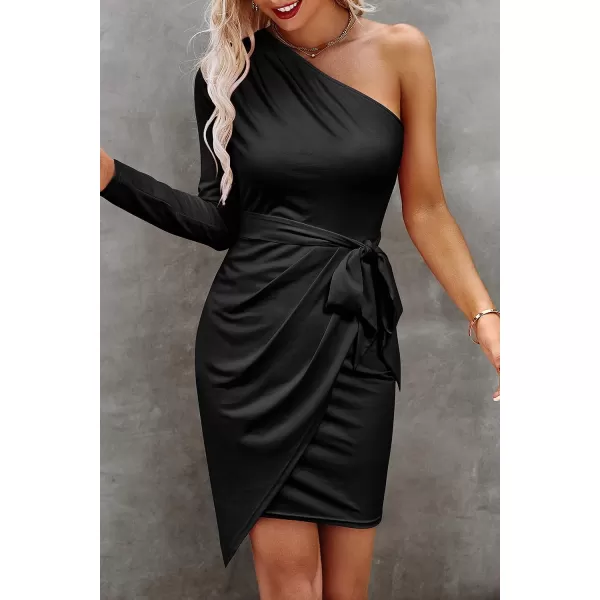 imagePRETTYGARDEN Womens Fall Fashion One Shoulder Long Sleeve Bodycon Dresses Ruched Irregular Hem Mini DressLong Sleeve Black