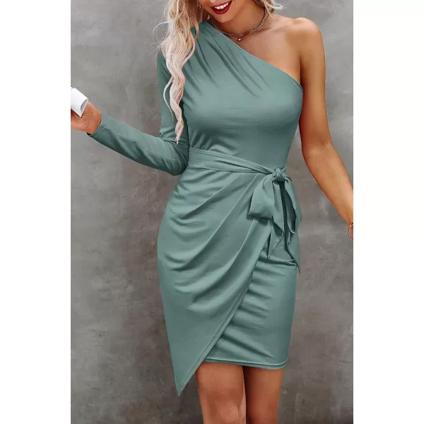 imagePRETTYGARDEN Womens Fall Fashion One Shoulder Long Sleeve Bodycon Dresses Ruched Irregular Hem Mini DressLong Sleeve Blue Green