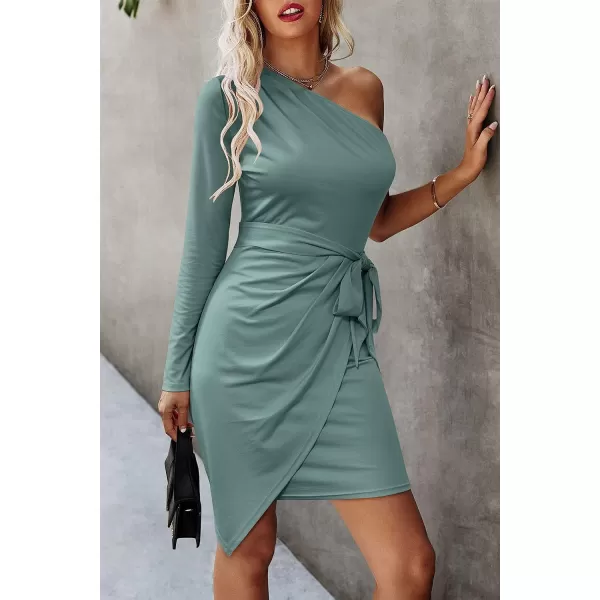 imagePRETTYGARDEN Womens Fall Fashion One Shoulder Long Sleeve Bodycon Dresses Ruched Irregular Hem Mini DressLong Sleeve Blue Green