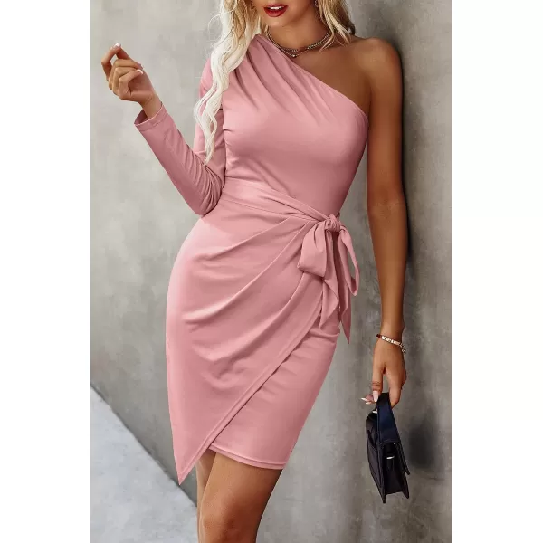 imagePRETTYGARDEN Womens Fall Fashion One Shoulder Long Sleeve Bodycon Dresses Ruched Irregular Hem Mini DressLong Sleeve Coral Pink