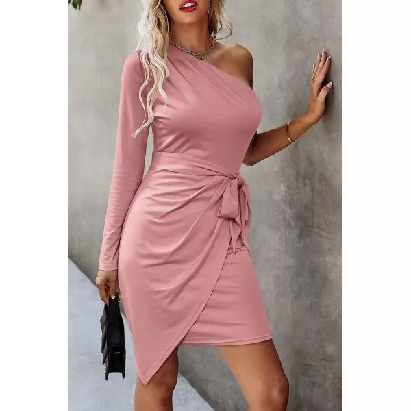 imagePRETTYGARDEN Womens Fall Fashion One Shoulder Long Sleeve Bodycon Dresses Ruched Irregular Hem Mini DressLong Sleeve Coral Pink