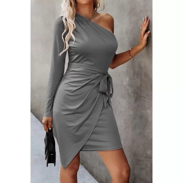 imagePRETTYGARDEN Womens Fall Fashion One Shoulder Long Sleeve Bodycon Dresses Ruched Irregular Hem Mini DressLong Sleeve Grey