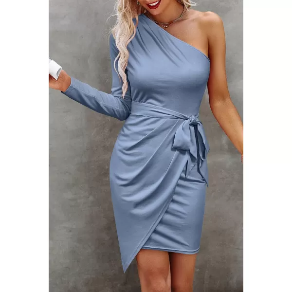 imagePRETTYGARDEN Womens Fall Fashion One Shoulder Long Sleeve Bodycon Dresses Ruched Irregular Hem Mini DressLong Sleeve Lake Blue