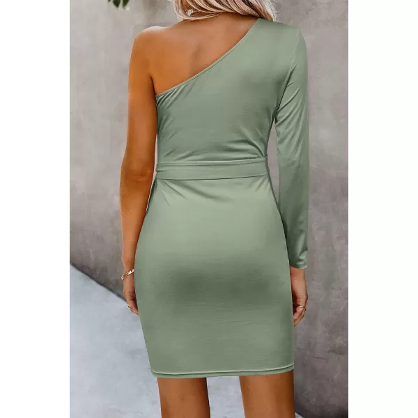 imagePRETTYGARDEN Womens Fall Fashion One Shoulder Long Sleeve Bodycon Dresses Ruched Irregular Hem Mini DressLong Sleeve Light Green