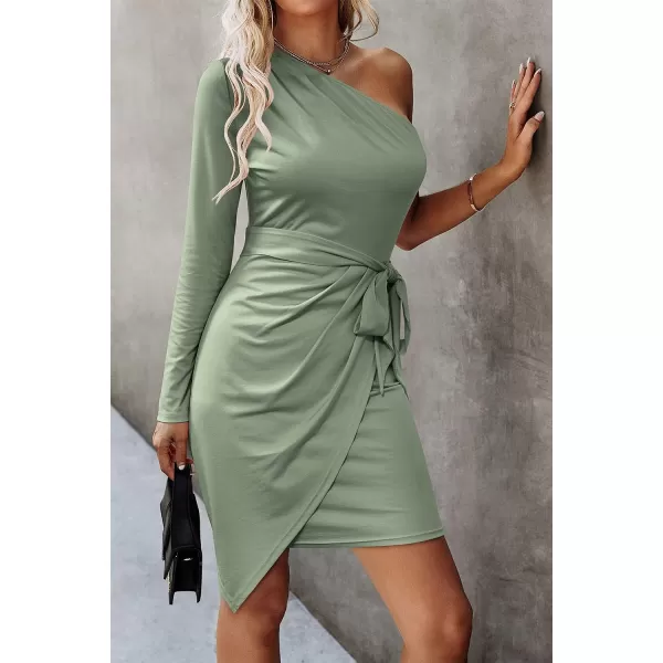 imagePRETTYGARDEN Womens Fall Fashion One Shoulder Long Sleeve Bodycon Dresses Ruched Irregular Hem Mini DressLong Sleeve Light Green