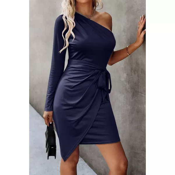 imagePRETTYGARDEN Womens Fall Fashion One Shoulder Long Sleeve Bodycon Dresses Ruched Irregular Hem Mini DressLong Sleeve Navy