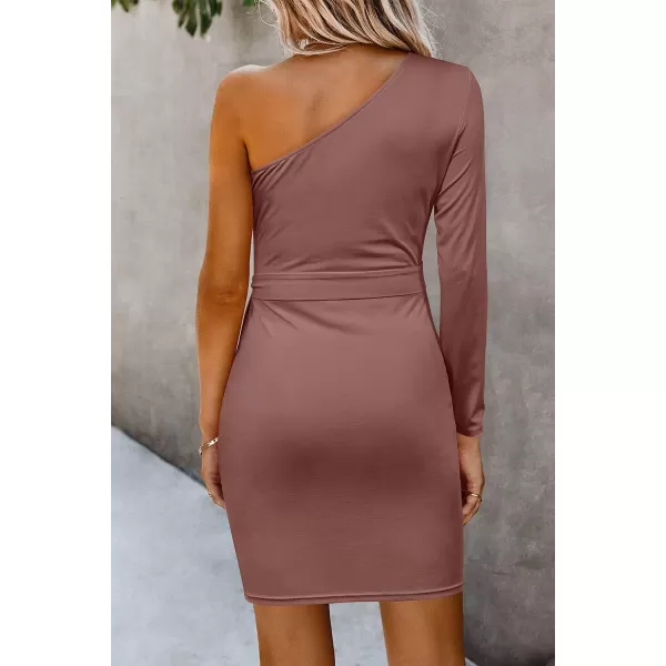 imagePRETTYGARDEN Womens Fall Fashion One Shoulder Long Sleeve Bodycon Dresses Ruched Irregular Hem Mini DressLong Sleeve Red Brown