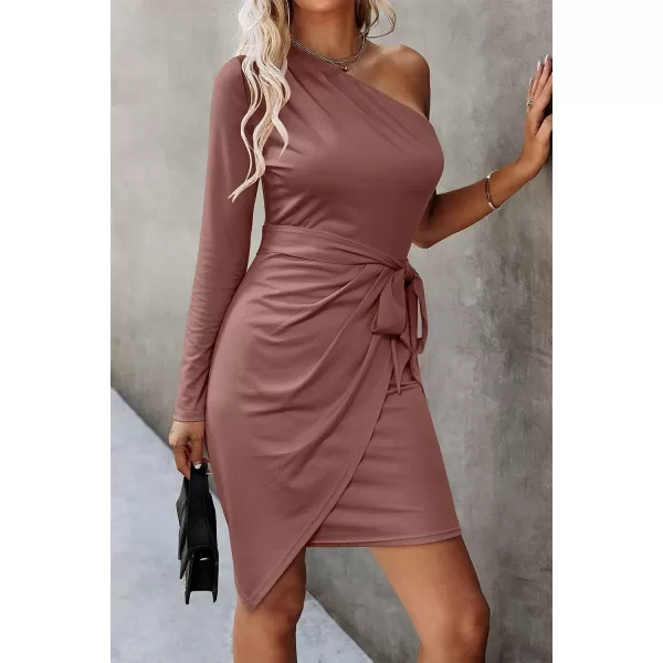 imagePRETTYGARDEN Womens Fall Fashion One Shoulder Long Sleeve Bodycon Dresses Ruched Irregular Hem Mini DressLong Sleeve Red Brown