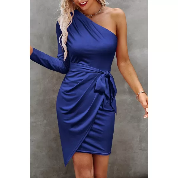 imagePRETTYGARDEN Womens Fall Fashion One Shoulder Long Sleeve Bodycon Dresses Ruched Irregular Hem Mini DressLong Sleeve Royal Blue