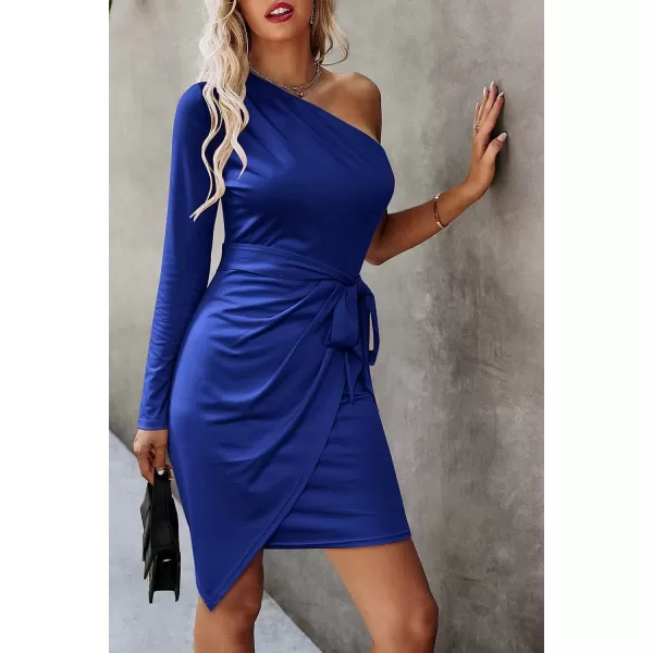 imagePRETTYGARDEN Womens Fall Fashion One Shoulder Long Sleeve Bodycon Dresses Ruched Irregular Hem Mini DressLong Sleeve Royal Blue