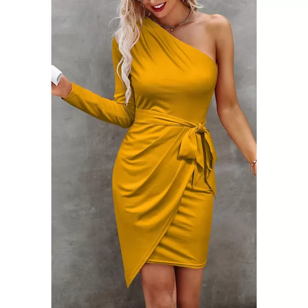 imagePRETTYGARDEN Womens Fall Fashion One Shoulder Long Sleeve Bodycon Dresses Ruched Irregular Hem Mini DressLong Sleeve Turmeric