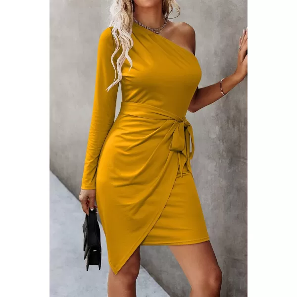 imagePRETTYGARDEN Womens Fall Fashion One Shoulder Long Sleeve Bodycon Dresses Ruched Irregular Hem Mini DressLong Sleeve Turmeric