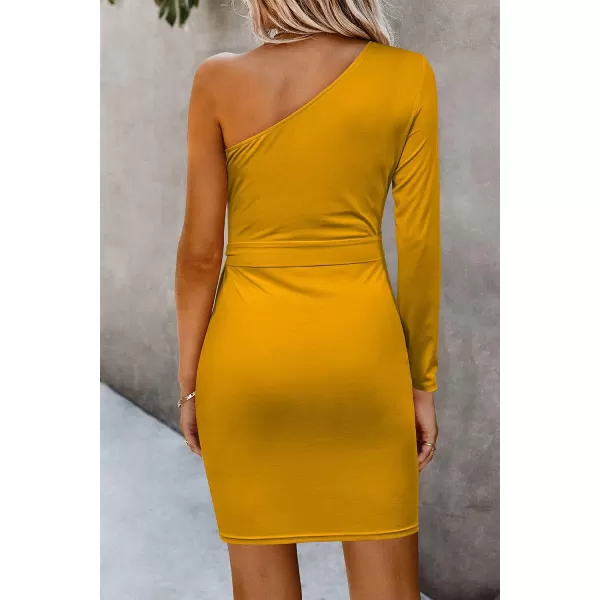 imagePRETTYGARDEN Womens Fall Fashion One Shoulder Long Sleeve Bodycon Dresses Ruched Irregular Hem Mini DressLong Sleeve Turmeric