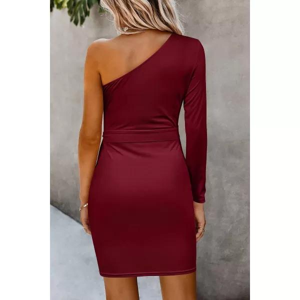 imagePRETTYGARDEN Womens Fall Fashion One Shoulder Long Sleeve Bodycon Dresses Ruched Irregular Hem Mini DressLong Sleeve Wine Red