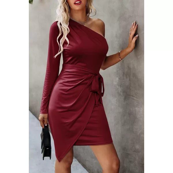 imagePRETTYGARDEN Womens Fall Fashion One Shoulder Long Sleeve Bodycon Dresses Ruched Irregular Hem Mini DressLong Sleeve Wine Red