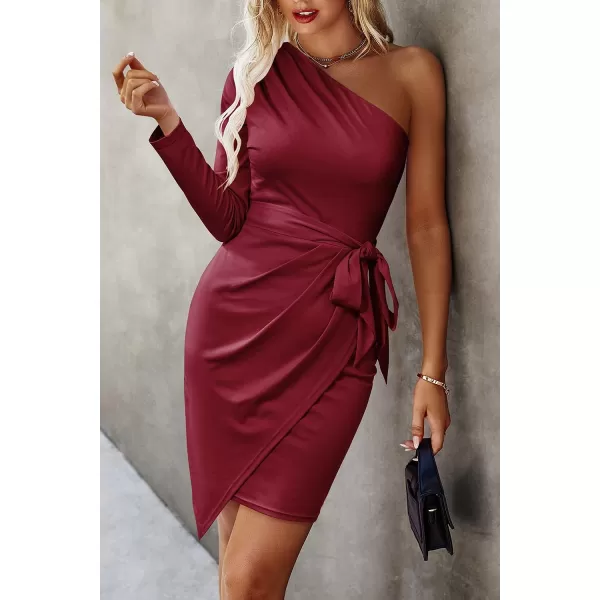 imagePRETTYGARDEN Womens Fall Fashion One Shoulder Long Sleeve Bodycon Dresses Ruched Irregular Hem Mini DressLong Sleeve Wine Red